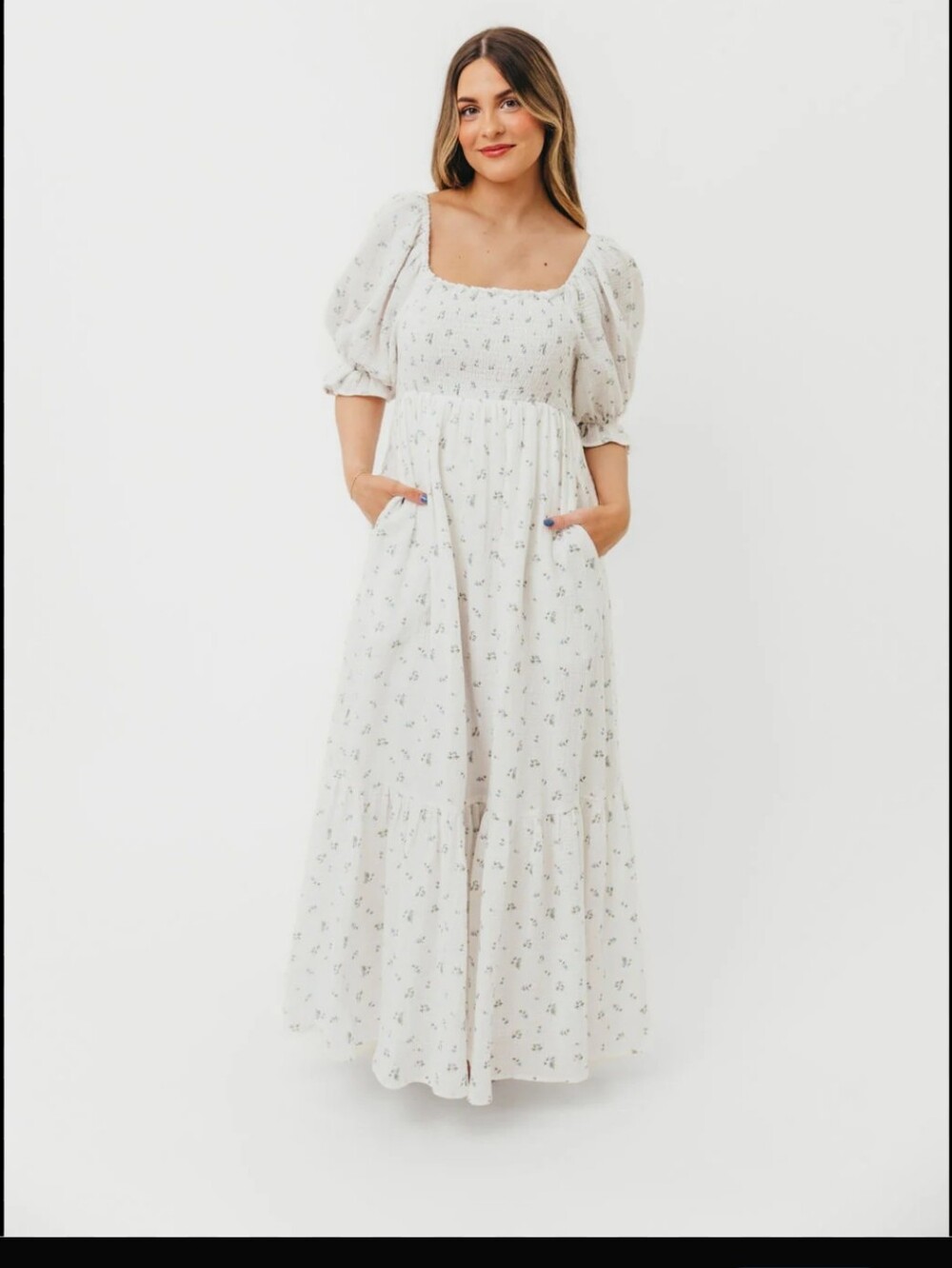Livvy Smocked Floral Maxi Dress in Blue Foliage - Bump Friendly - Picture 2 of 11
